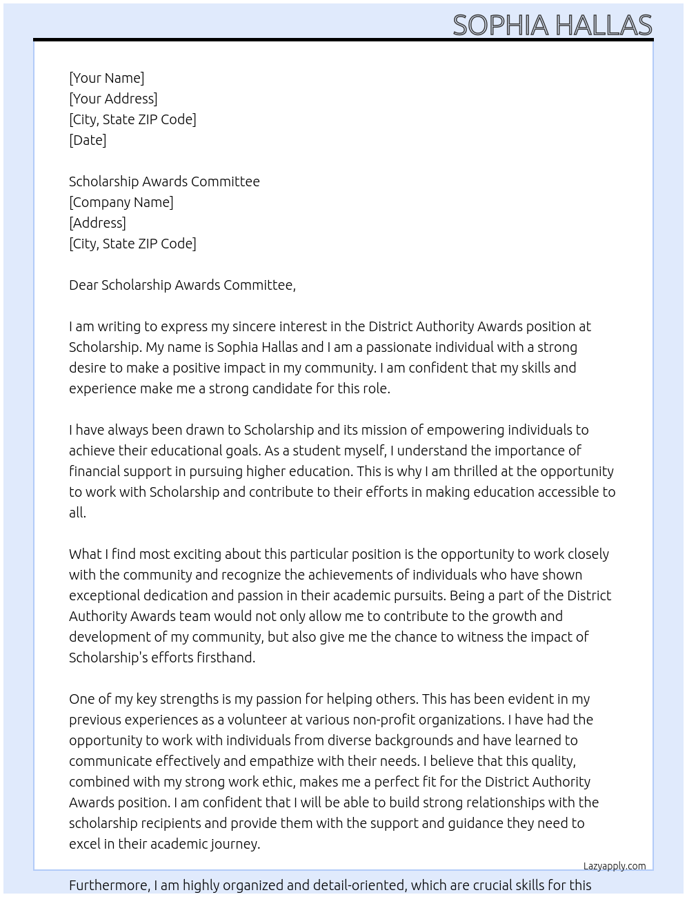 DISTRICT AUTHORITY AWARDS At Scholarship Cover Letter