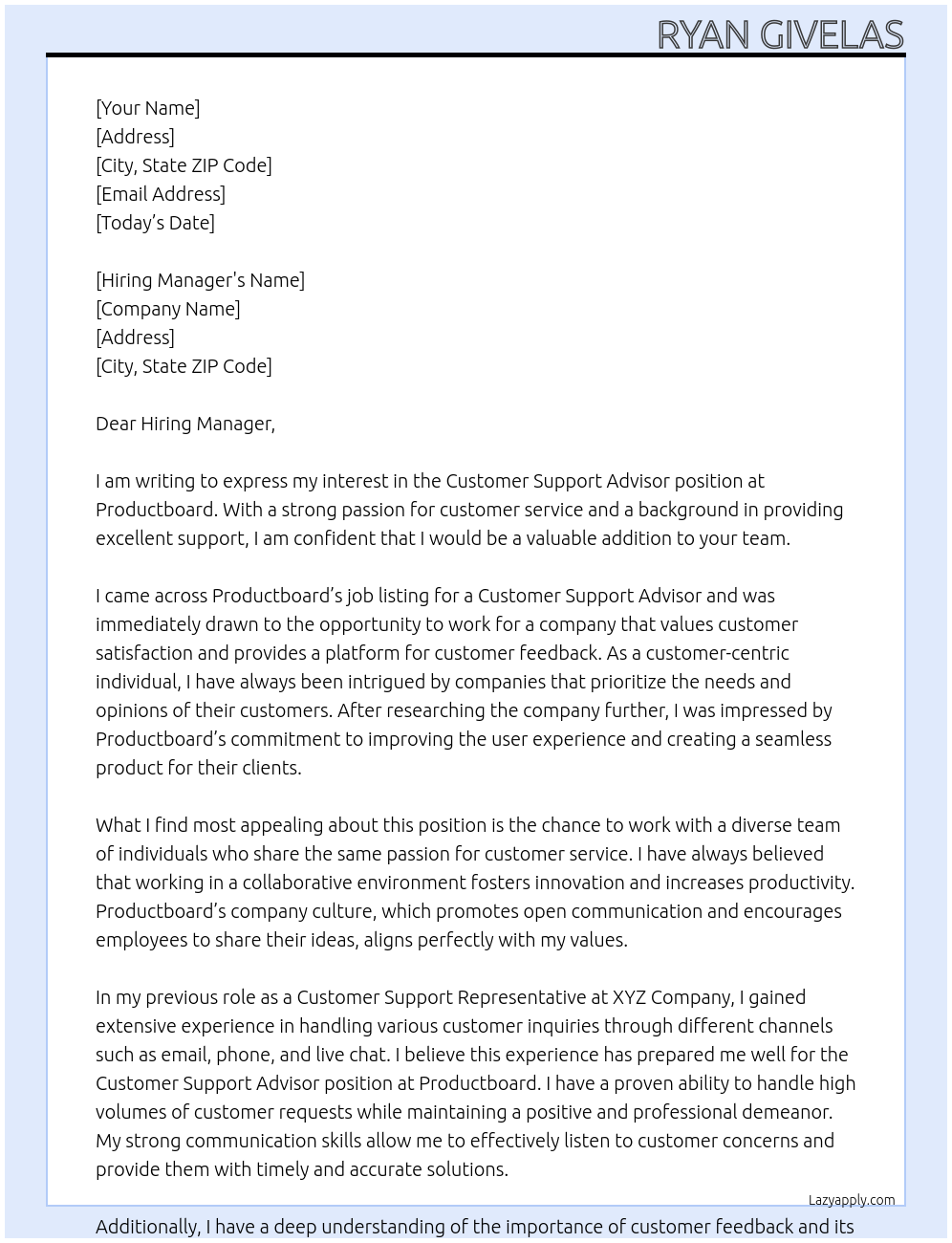 Customer Support Advisor At Productboard Cover Letter