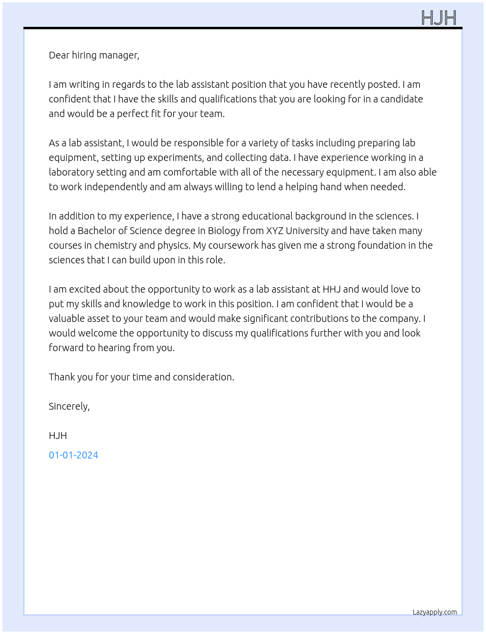 lab assistant At hhj Cover Letter