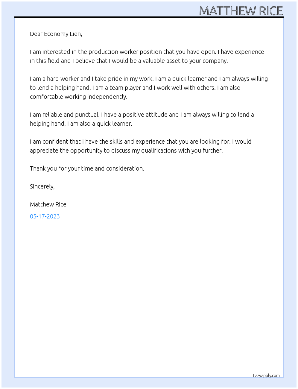 Production worker At Economy lien Cover Letter