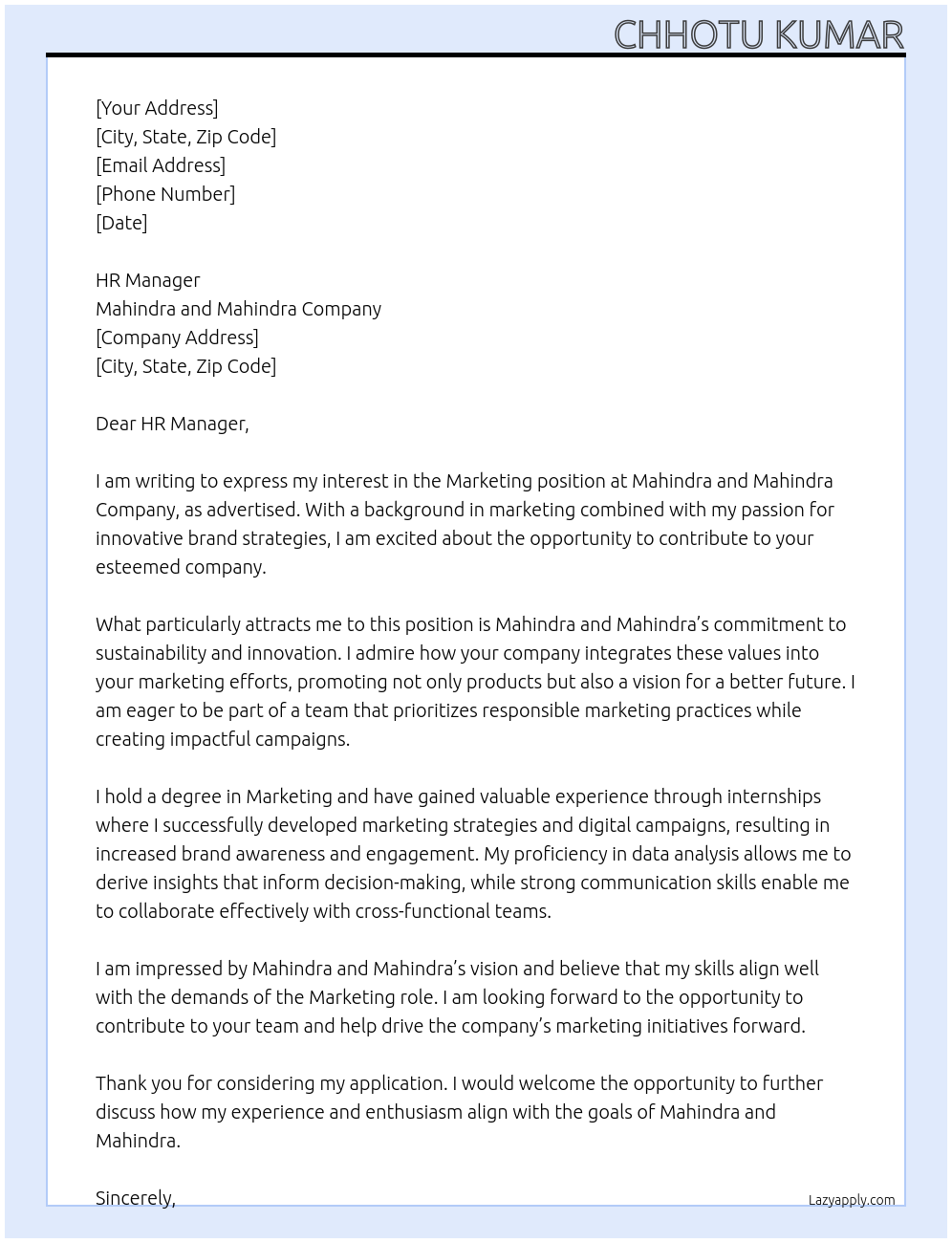 Marketing At Mahindra and mahindra company Cover Letter