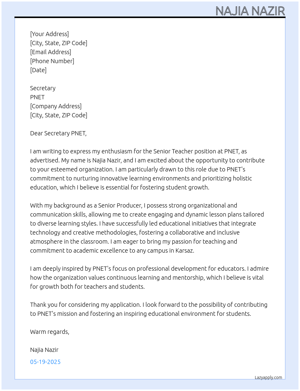 Cover letter for senior teacher - LazyApply