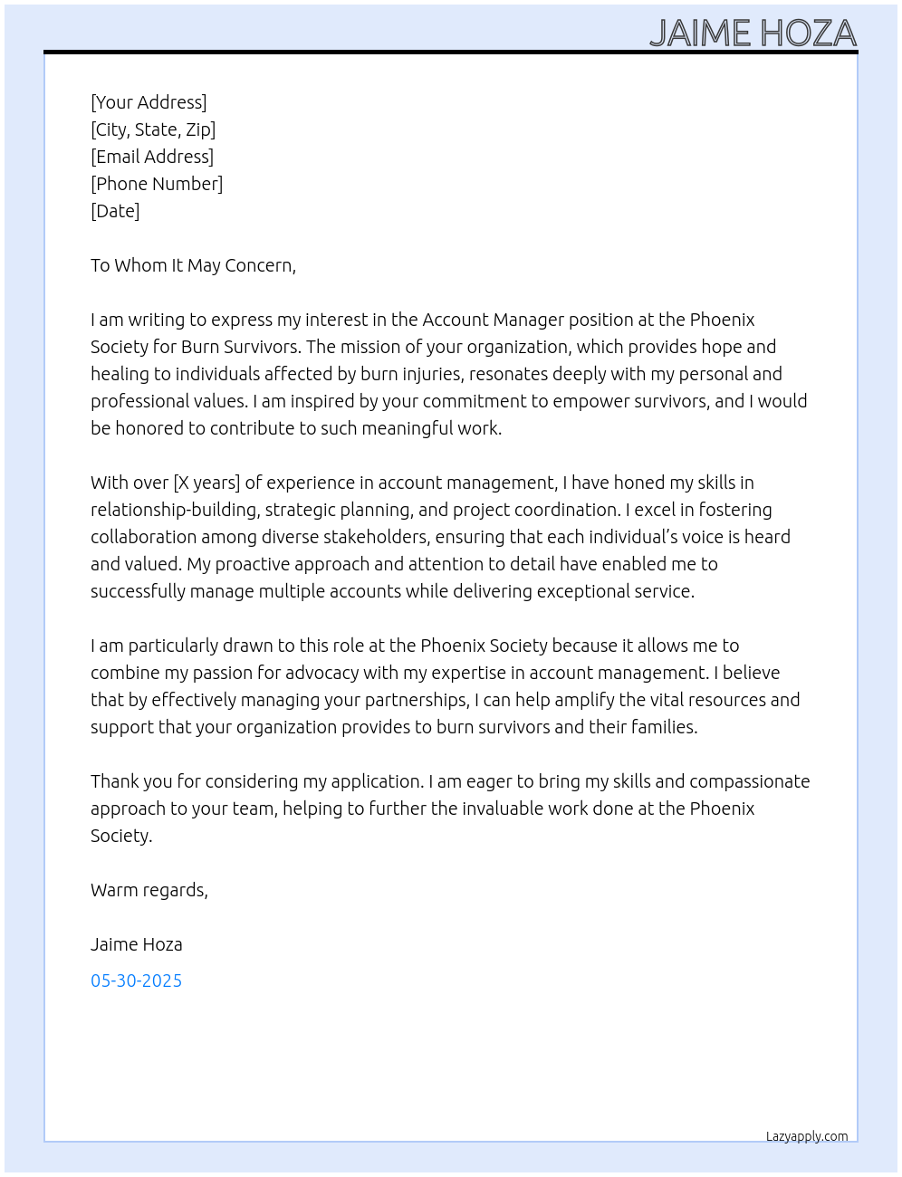 Account Manager At Phoenix Society for Burn Survivors Cover Letter