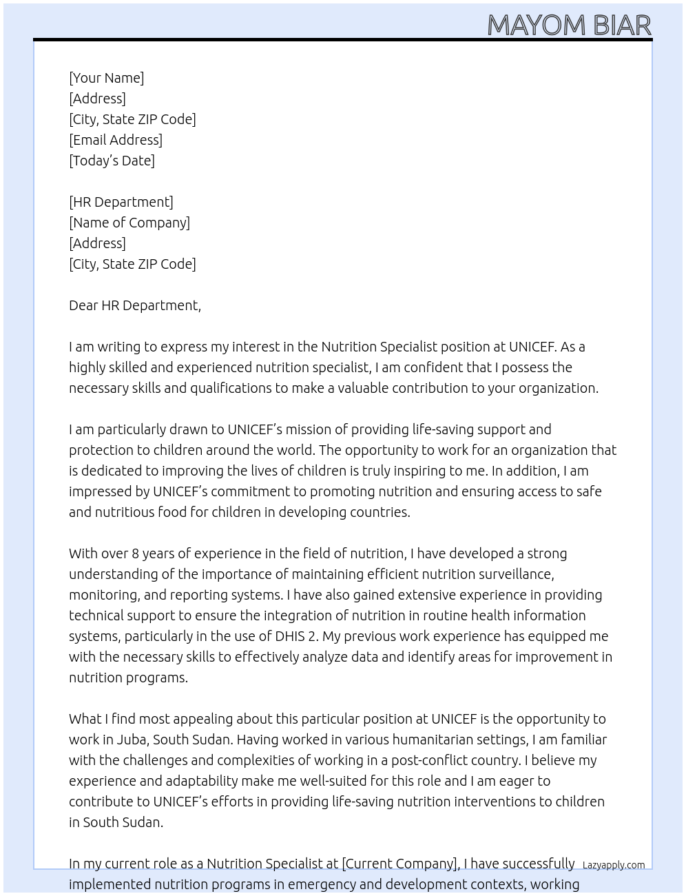 Nutrition Specialist At UNICEF Cover Letter