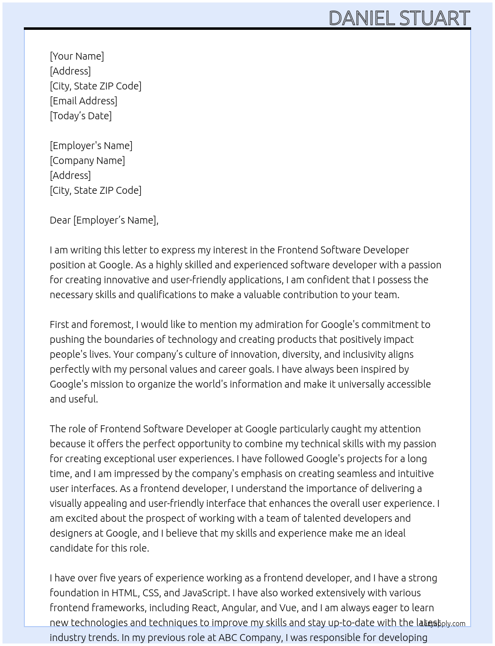 Frontend Software Developer At Google Cover Letter