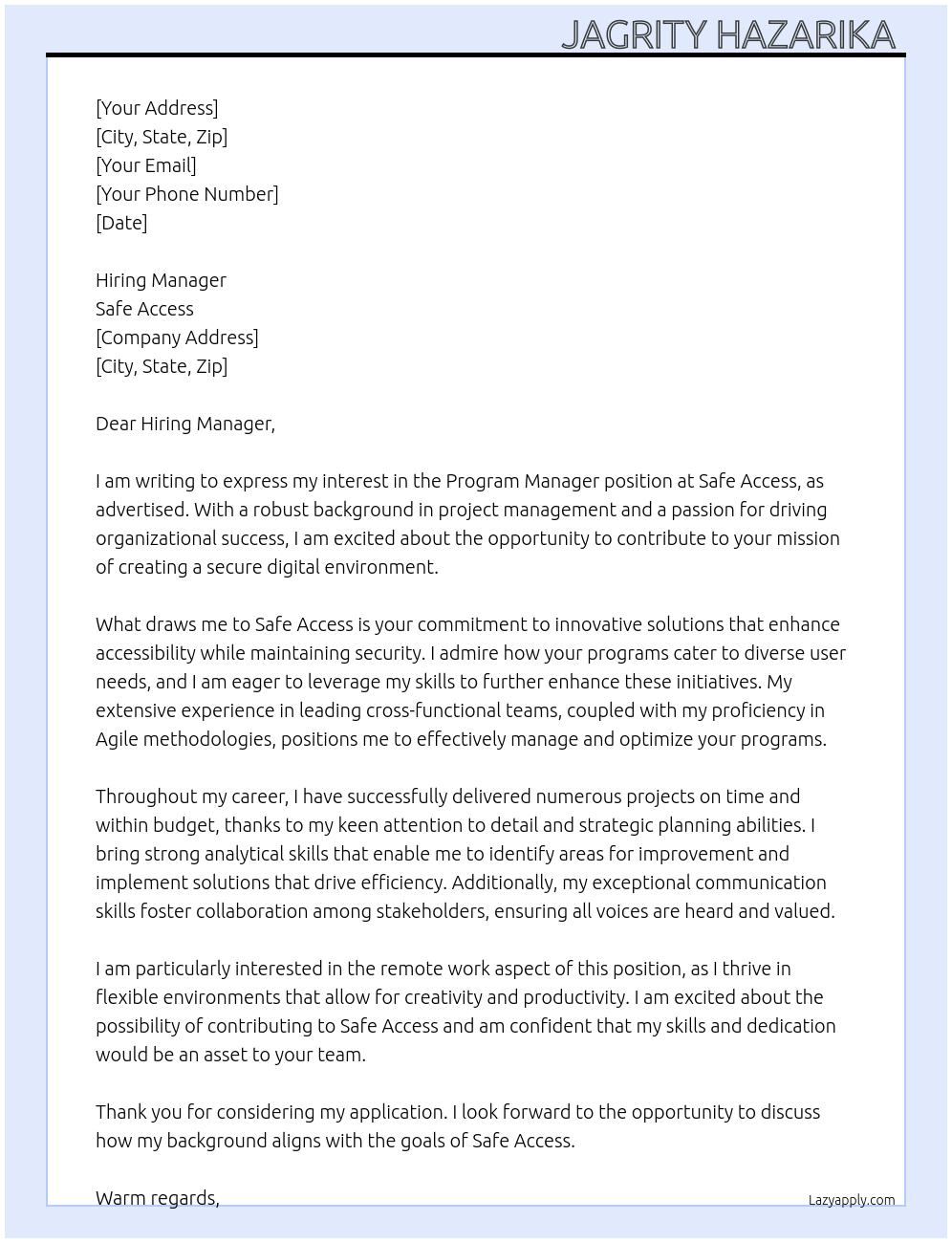 Cover letter for program manager - LazyApply