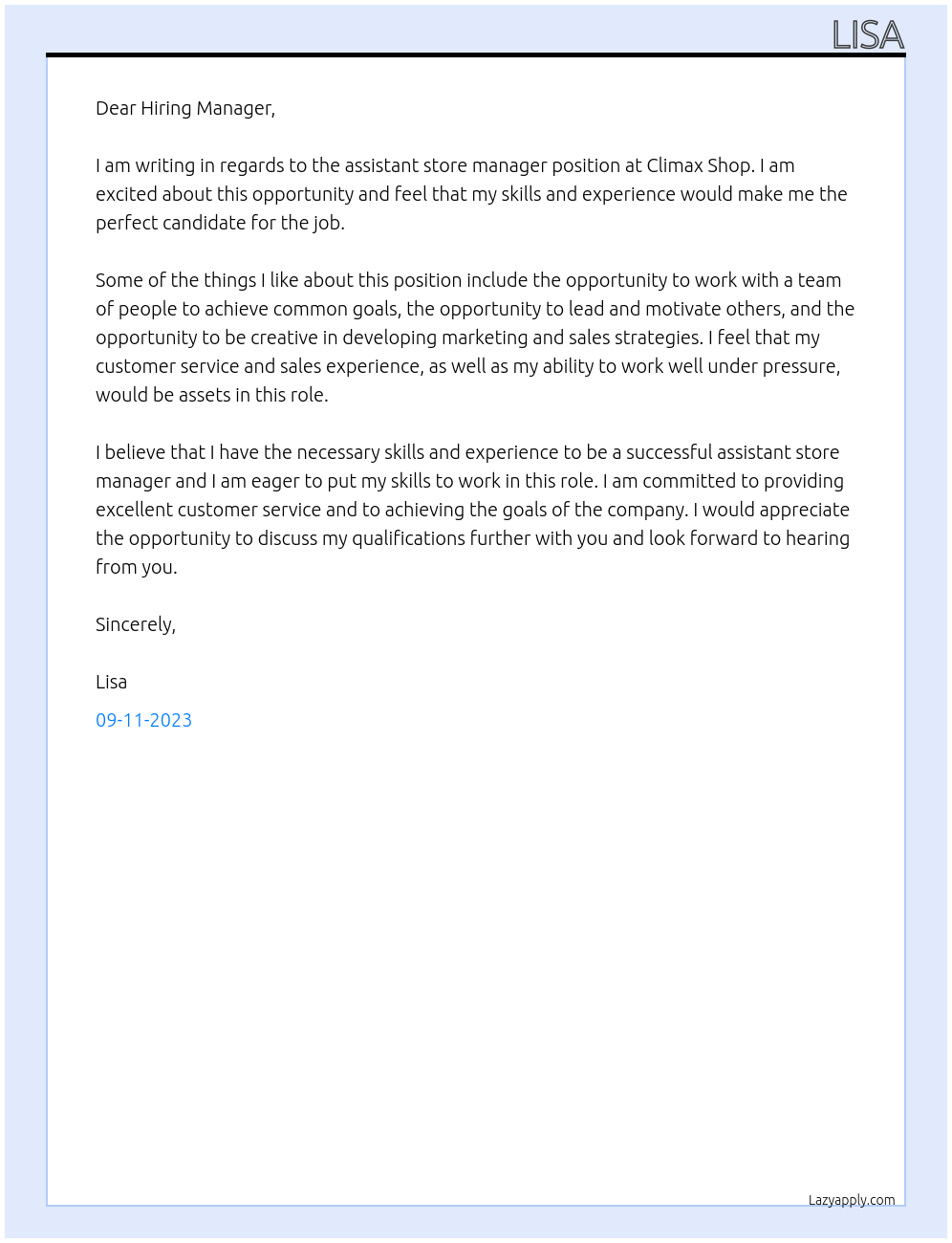 assistant store manager At climax shop Cover Letter