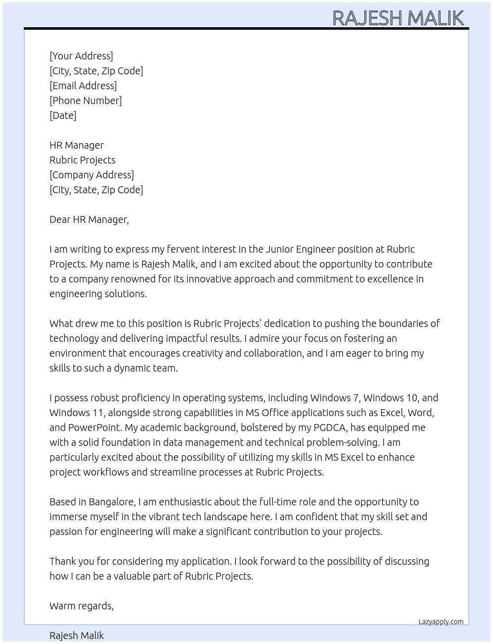 Junior engineer At Rubric projects Cover Letter