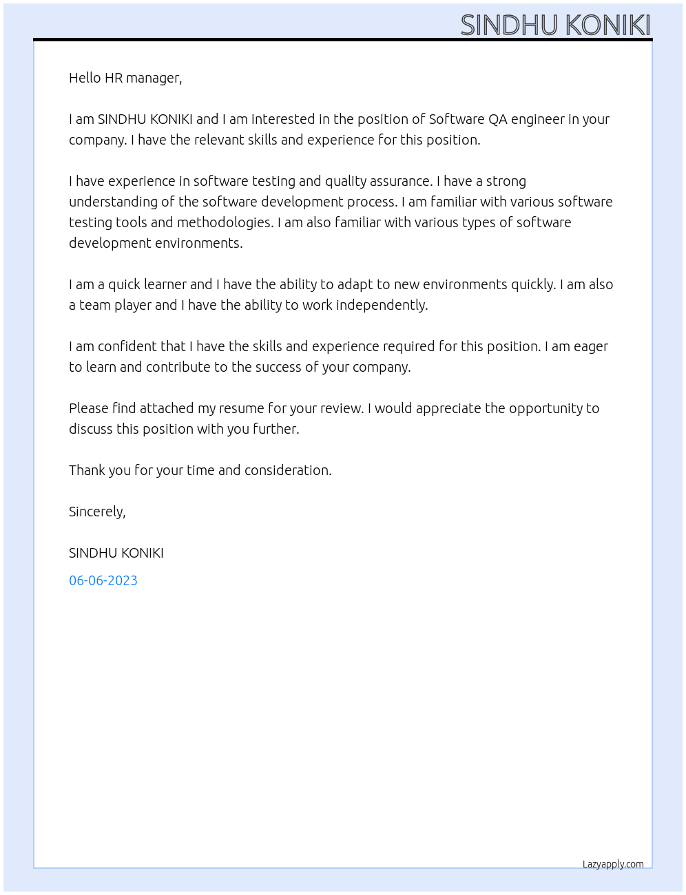 Software QA engineer At Service now Cover Letter