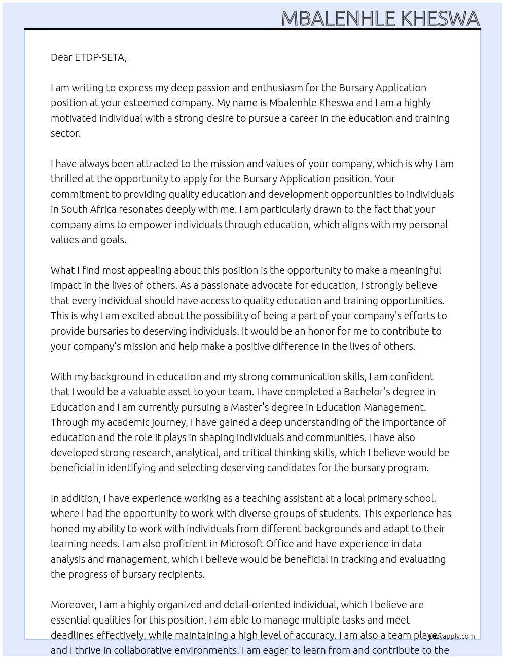 BURSARY APPLICATION At bursary  Cover Letter