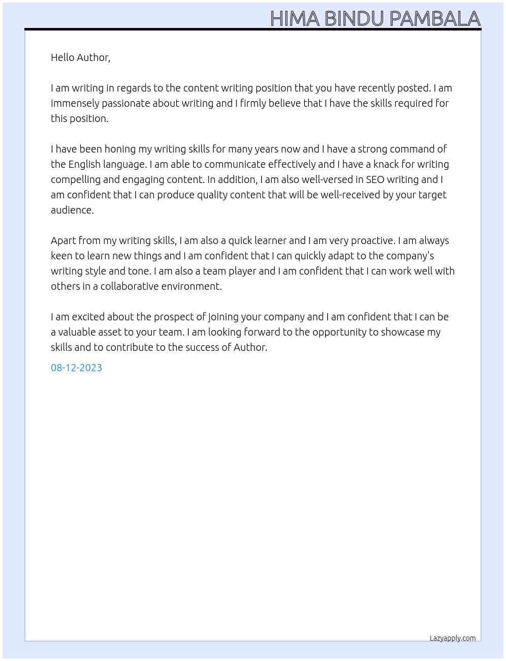 content writing At Author Cover Letter