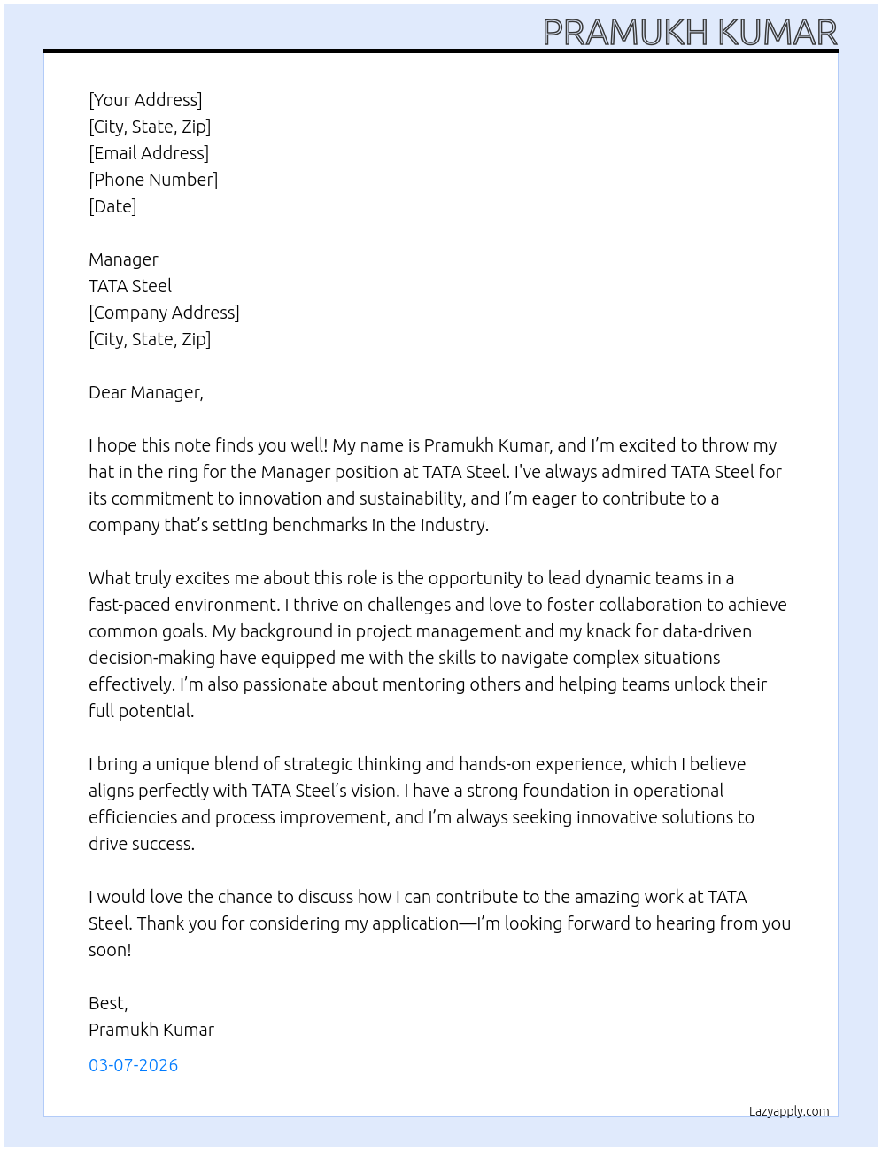 Manager  At TATA Steel Cover Letter