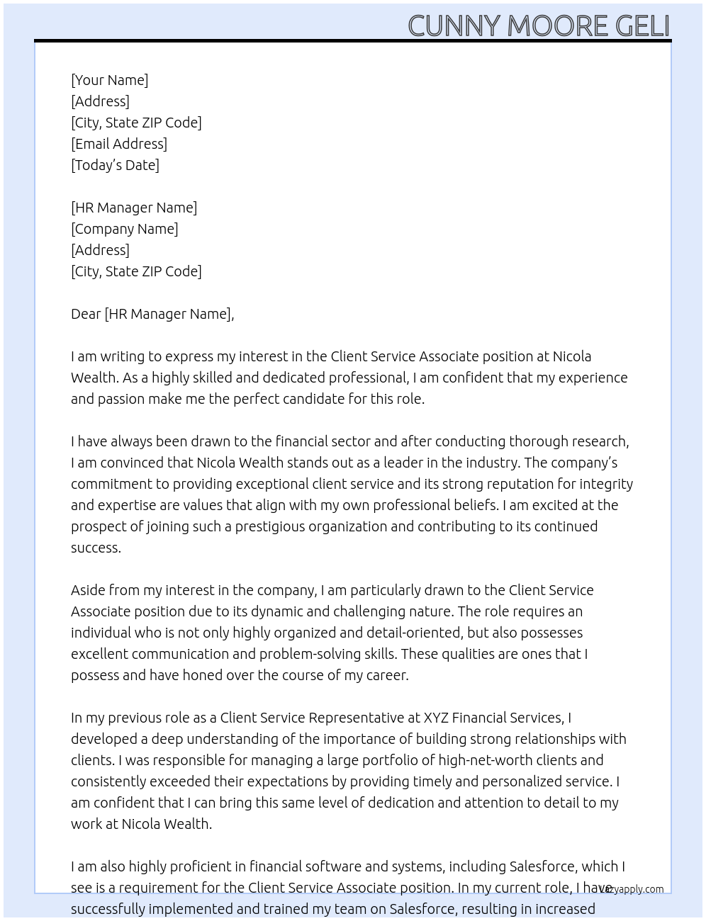Client Service Associate At Nicola Wealth Cover Letter
