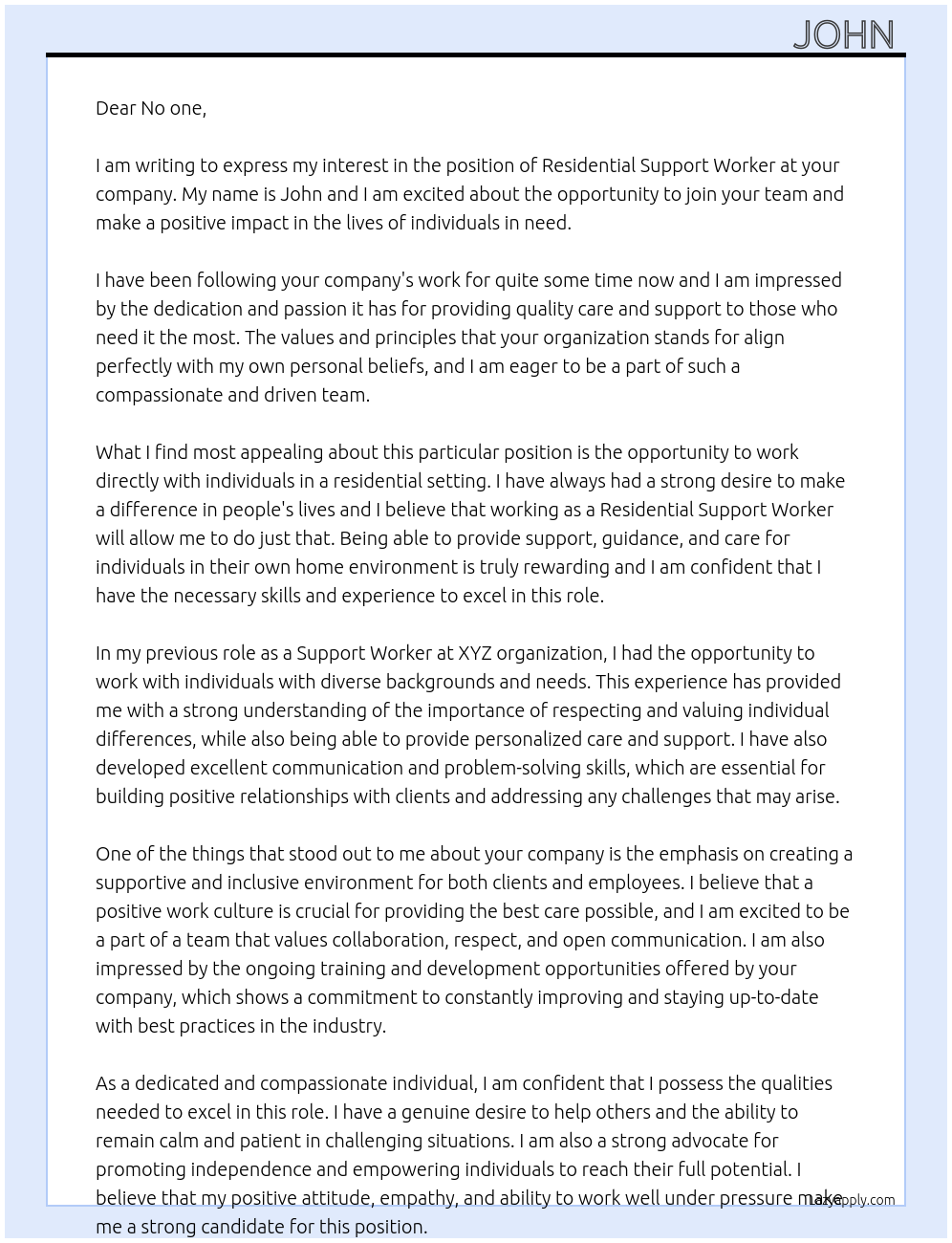 Residential support worker At N/A Cover Letter