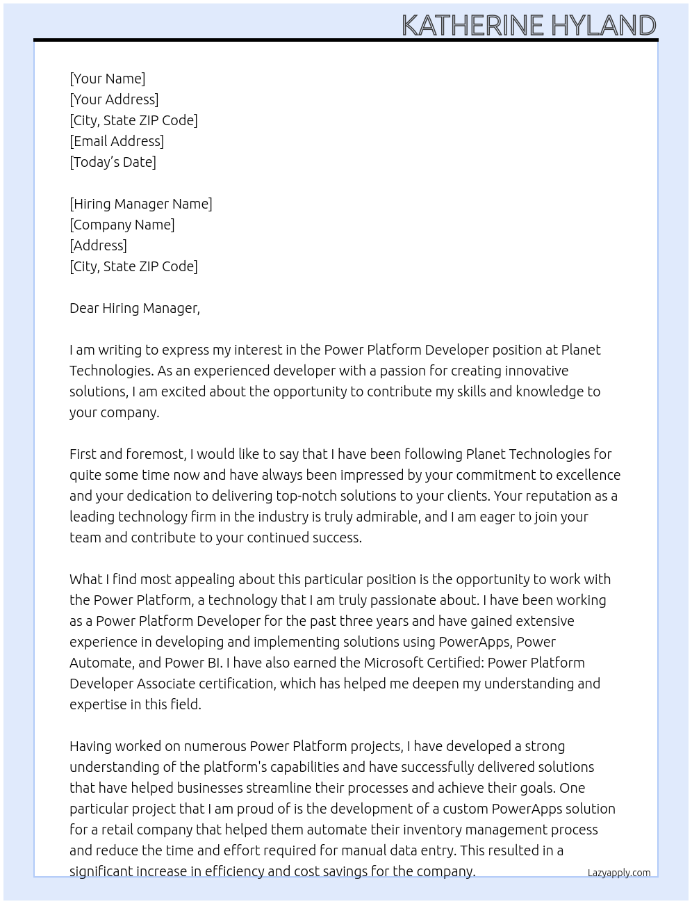 Power Platform Developer At Planet Technologies Cover Letter