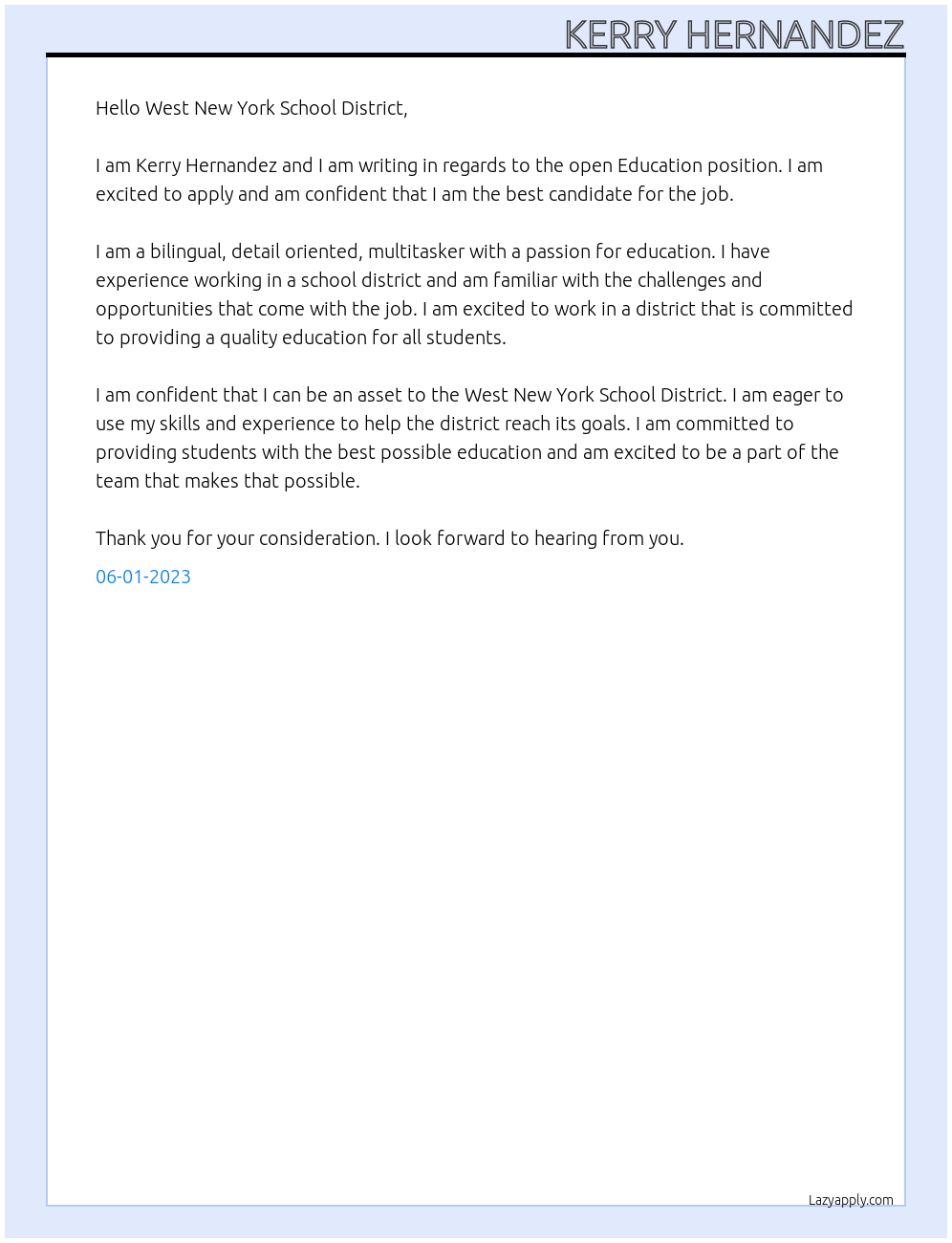 Education At School District Cover Letter