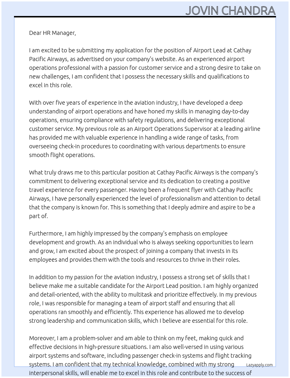 Airport Lead At Cathay Pacific Airways Cover Letter