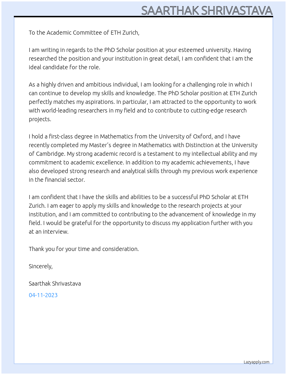 PhD Scholar At ETH Zurich Cover Letter