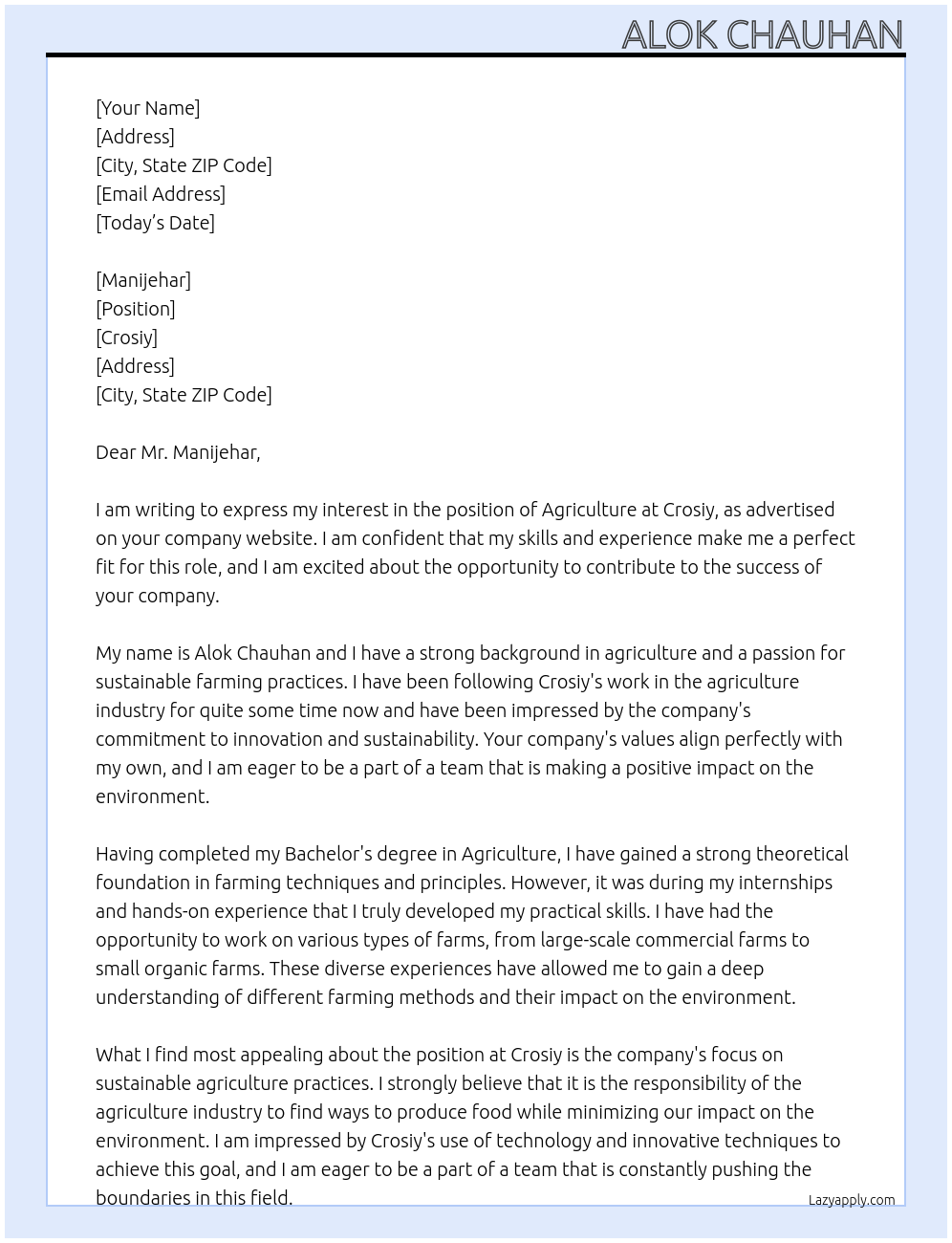 Agriculture At Crosiy Cover Letter