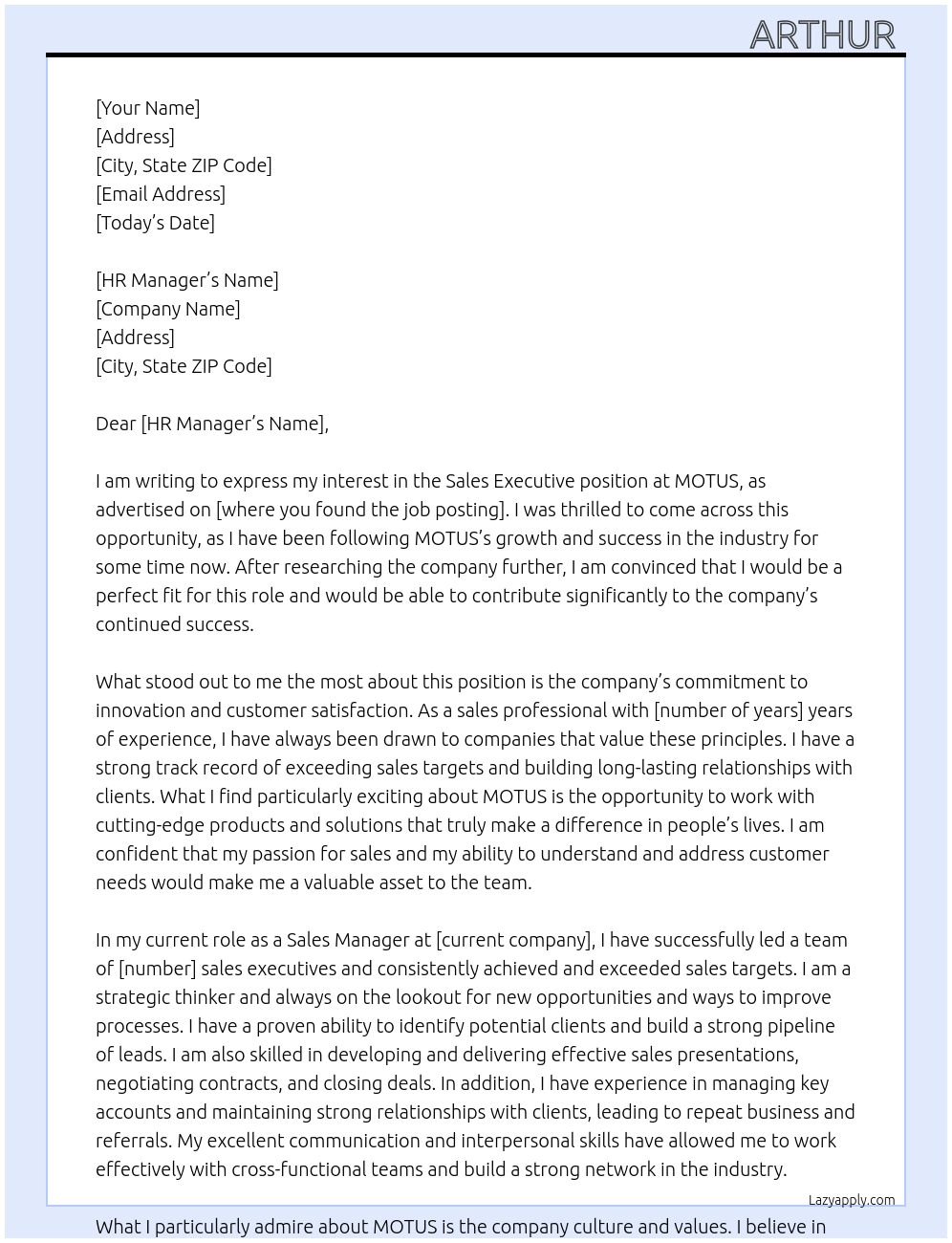 Sale executive At MOTUS Cover Letter