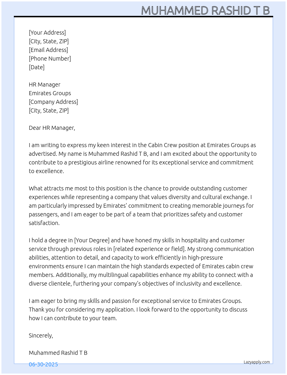 Cabin crew At Emirates Groups Cover Letter