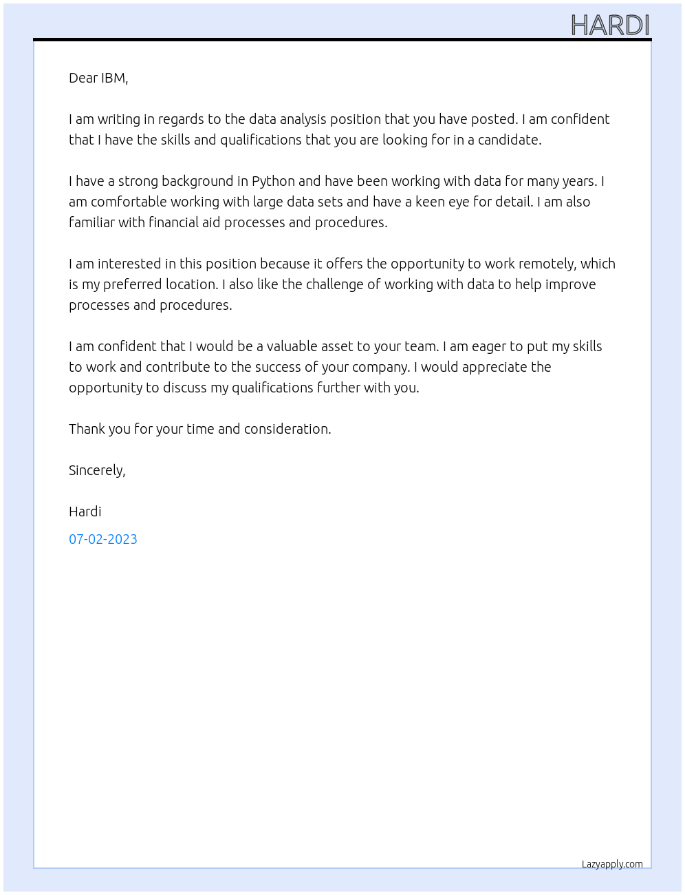 Data analysis At ibm Cover Letter