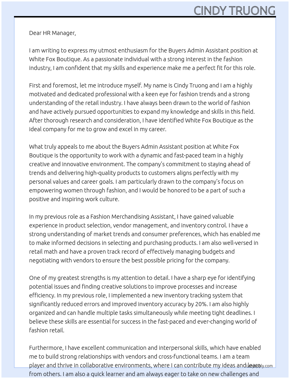 Cover letter for buyers admin assistant - LazyApply