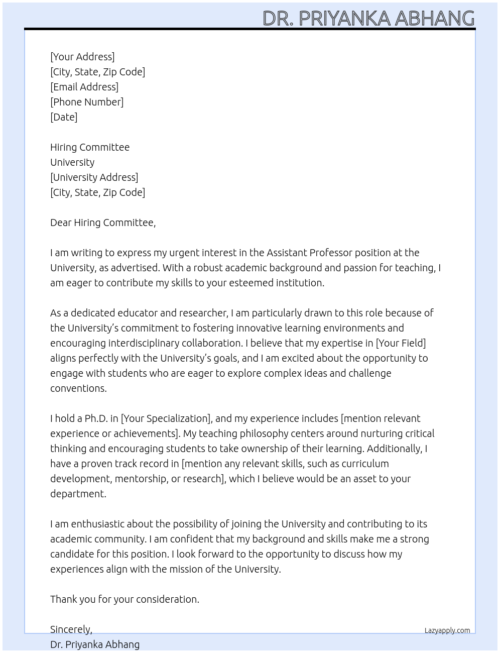 Assistant Professor At University Cover Letter