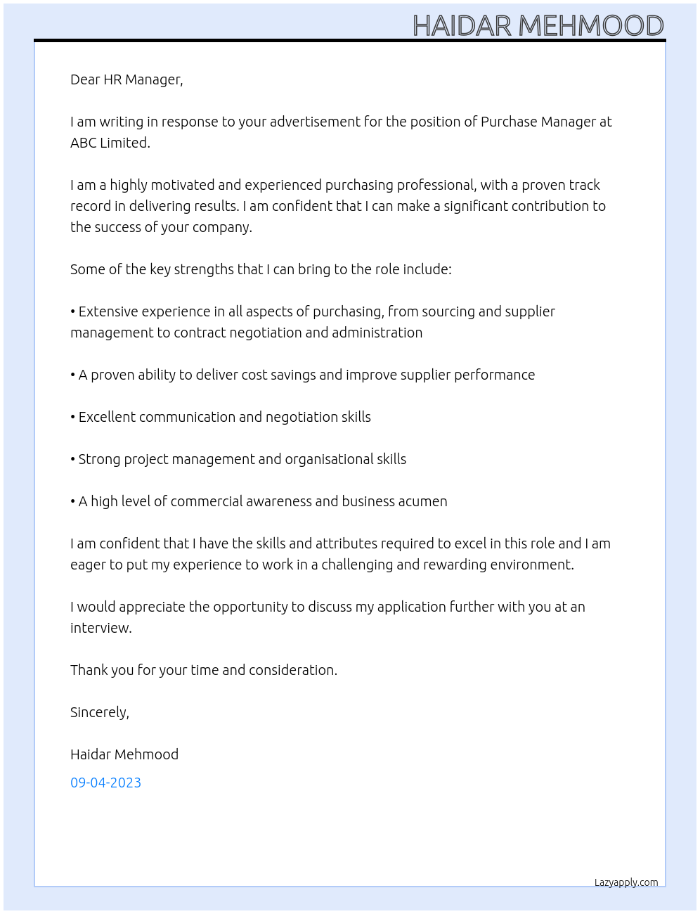 Purchase Manager At ABC Limited Cover Letter