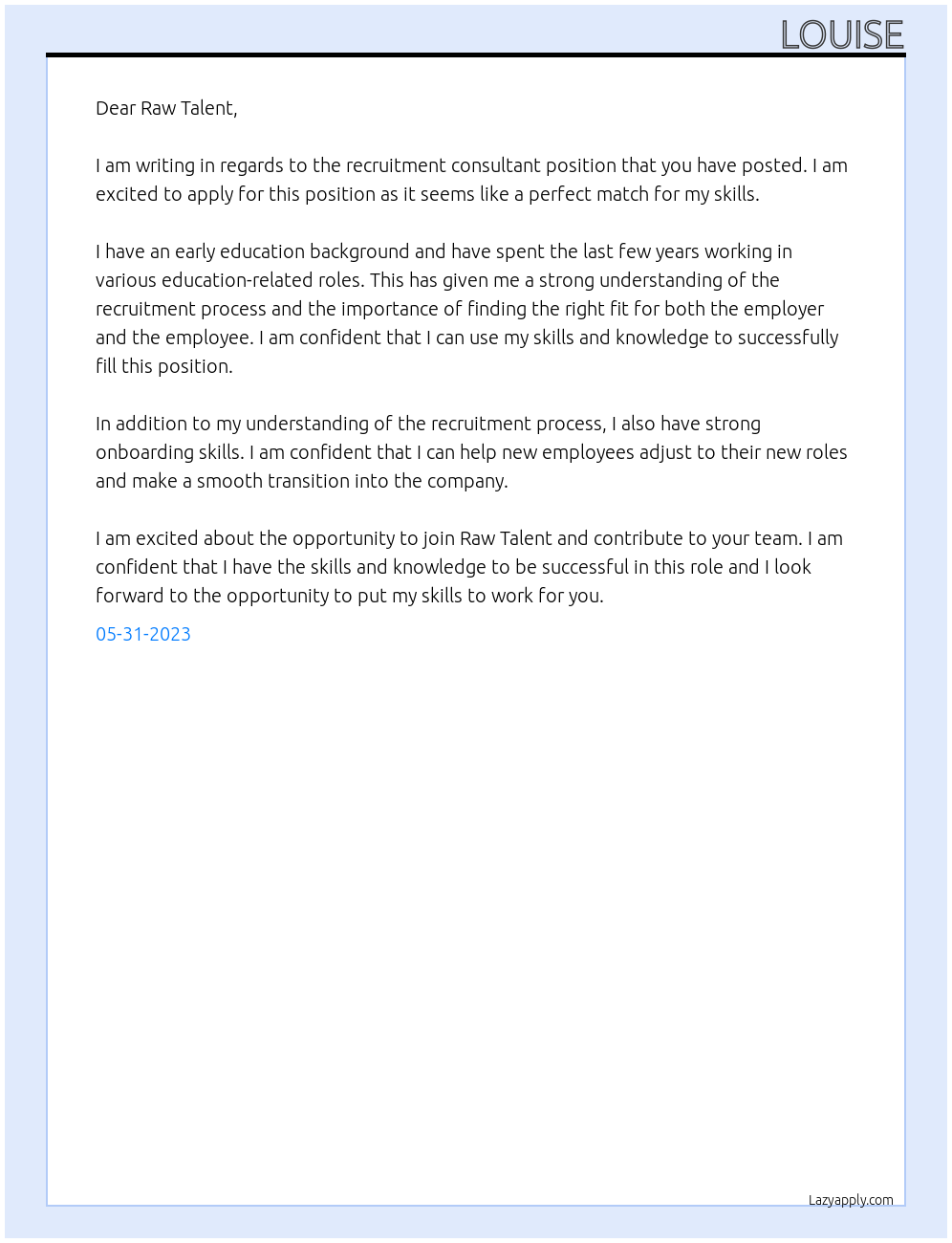 recruitment consultant At Raw Talent Cover Letter