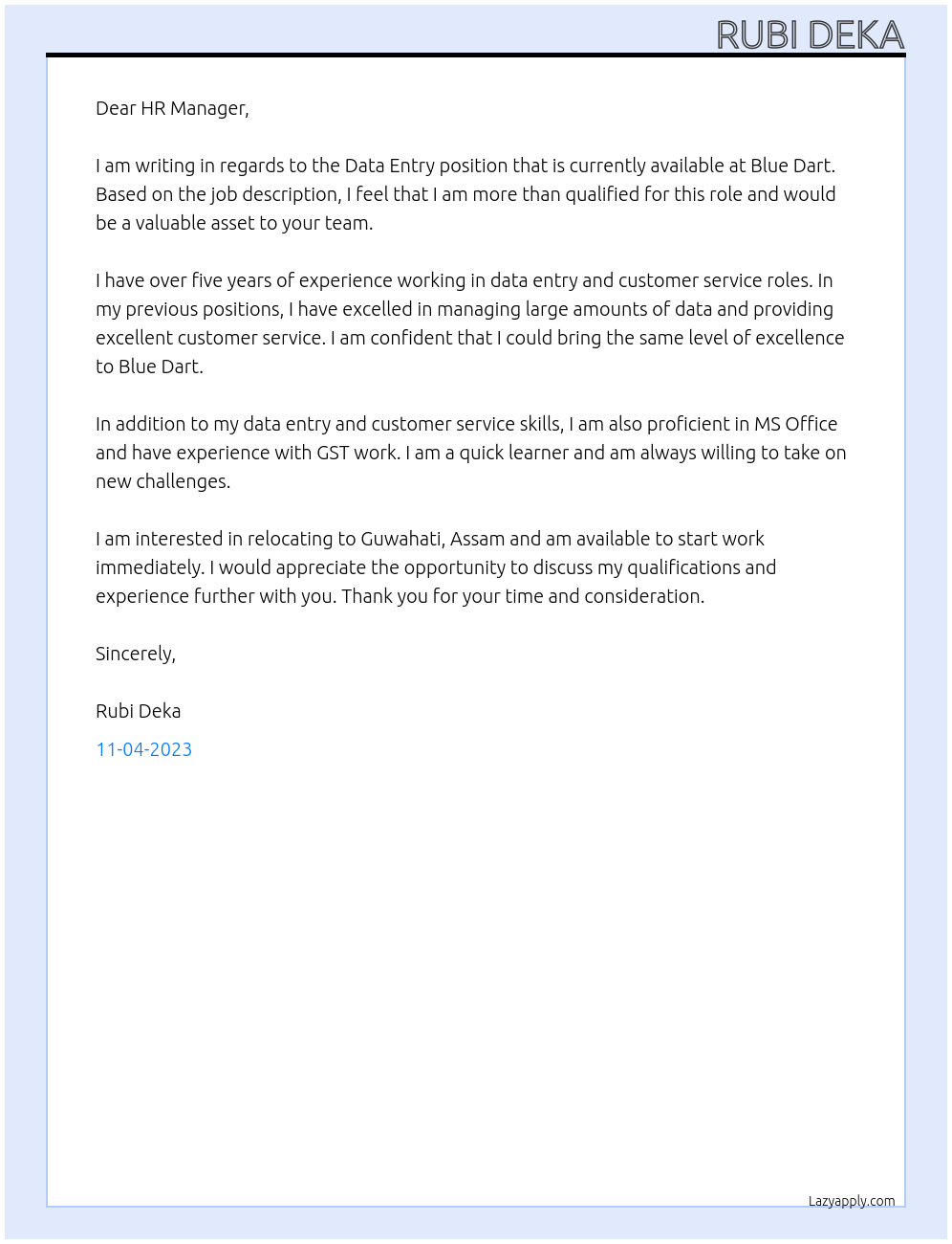 Data Entry Job At Blue Dart Cover Letter