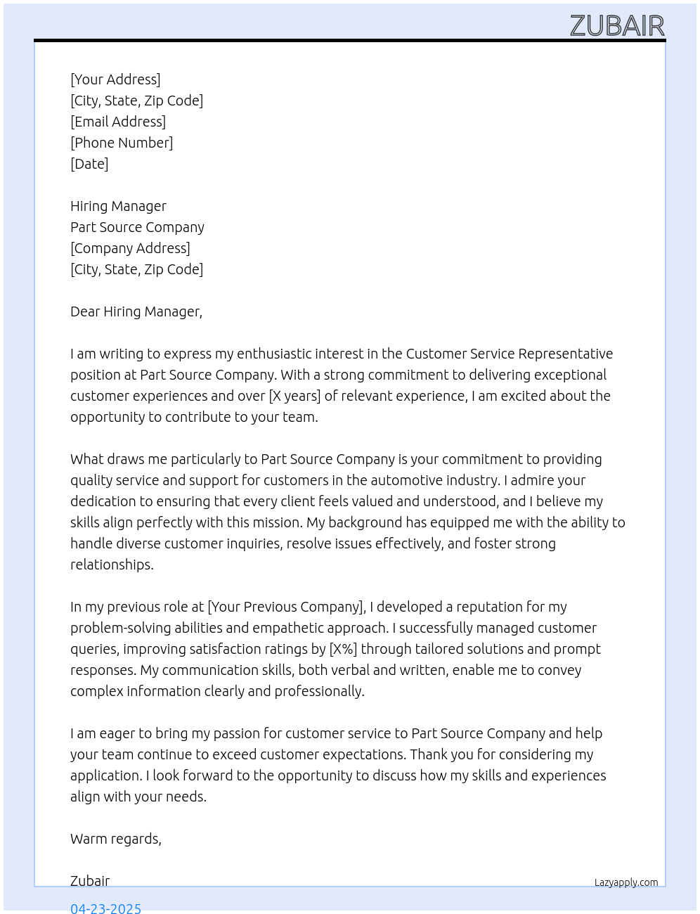 Customer service representative At Part source company Cover Letter