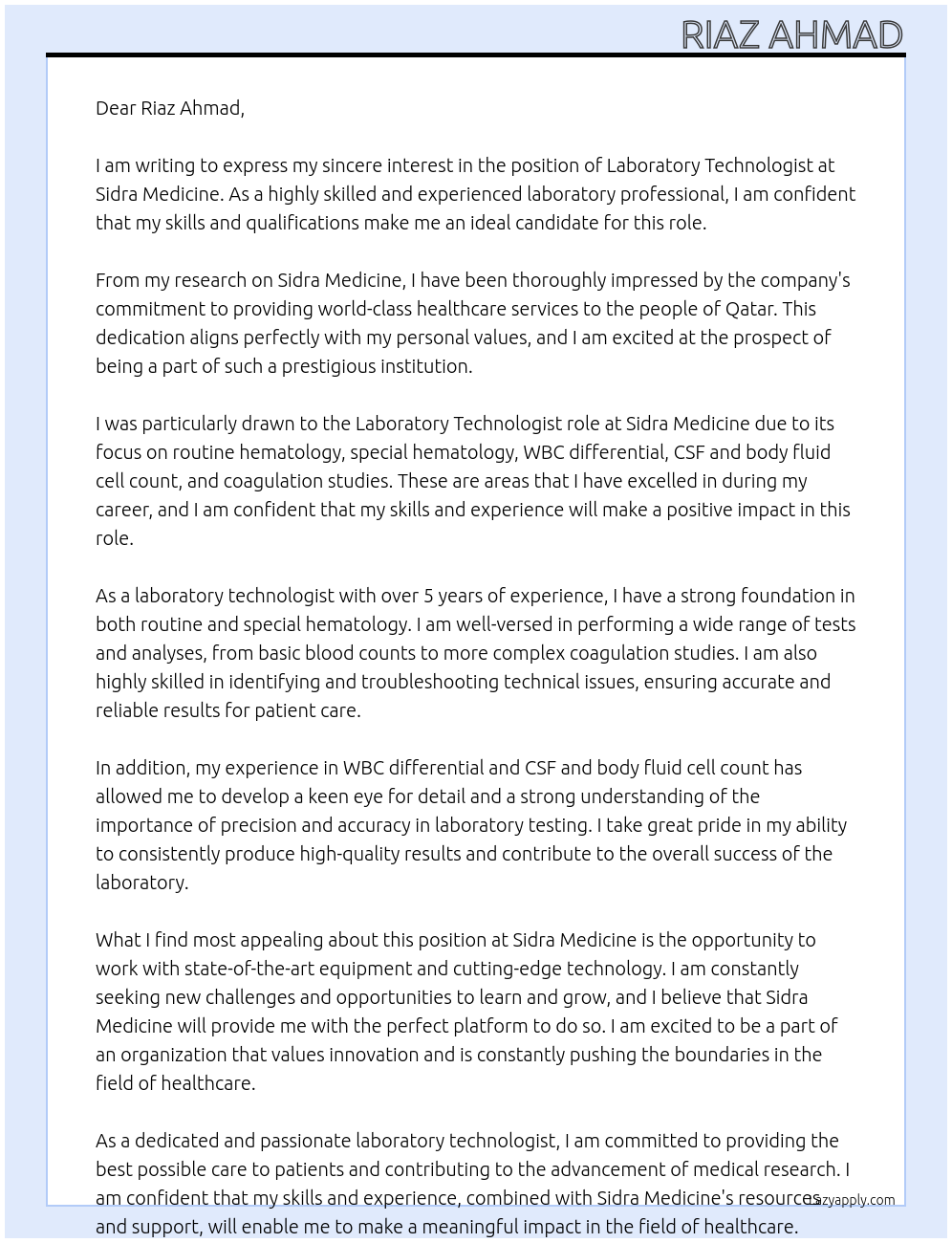 Laboratory Technologist At Sidra Medicince Cover Letter