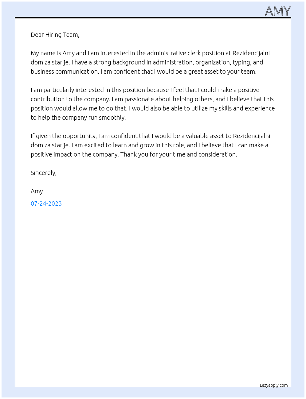 Administrative clerk At Rezidencijalni dom za starije Cover Letter