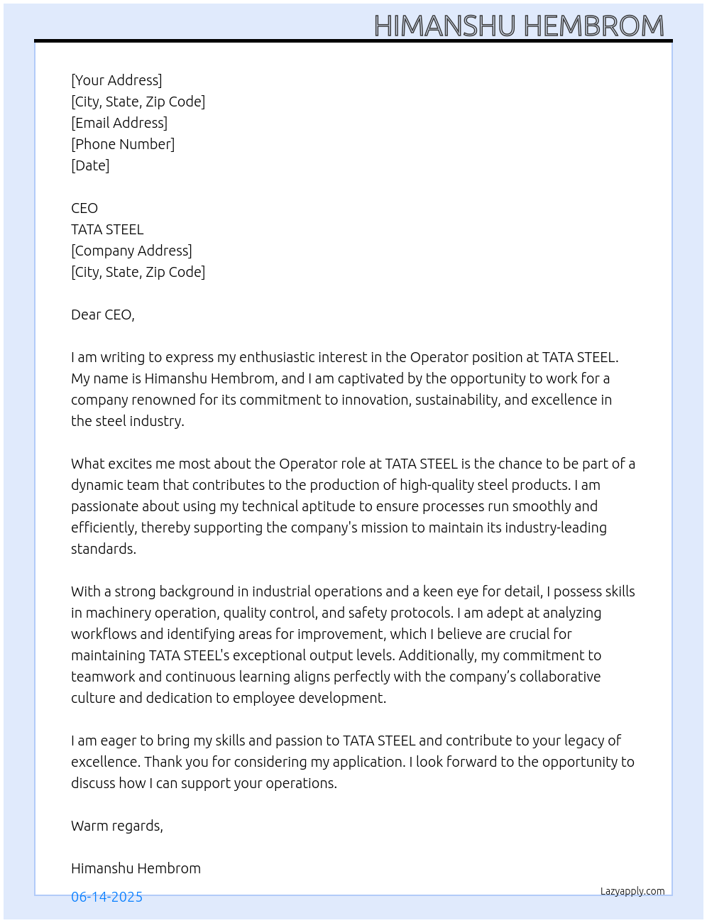 Operator At TATA STEEL Cover Letter