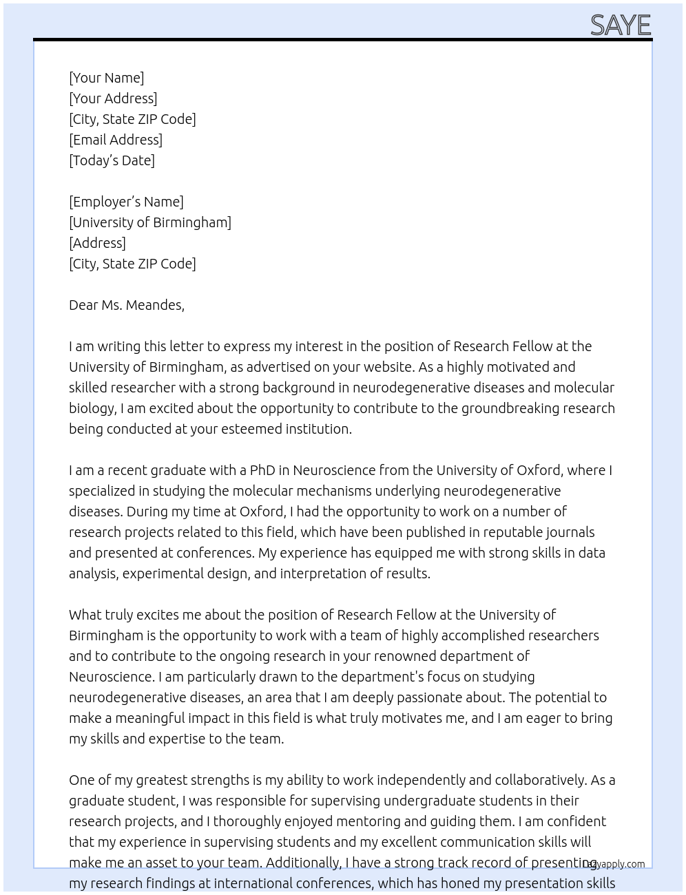 Research Fellow At University of Birmingham Cover Letter