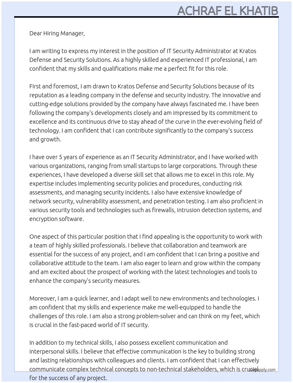 IT Security Administrator At Kratos Defense and Security Solutions Cover Letter