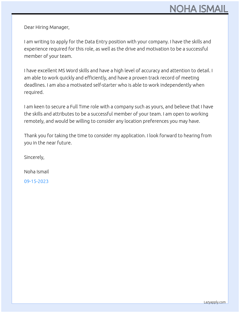Data entry At Manager Cover Letter