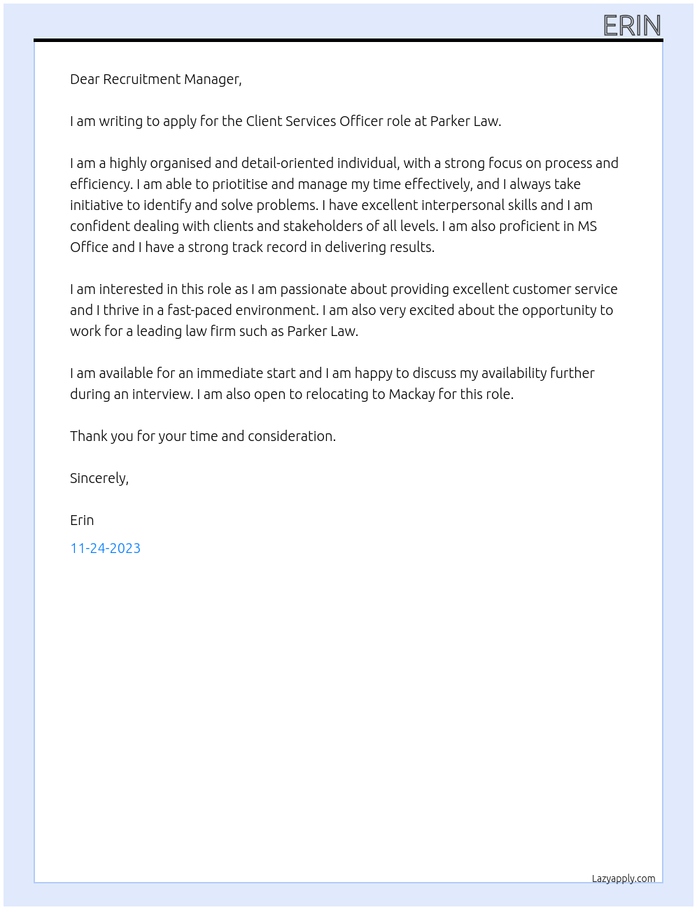 Client Services Officer At Parker Law Cover Letter