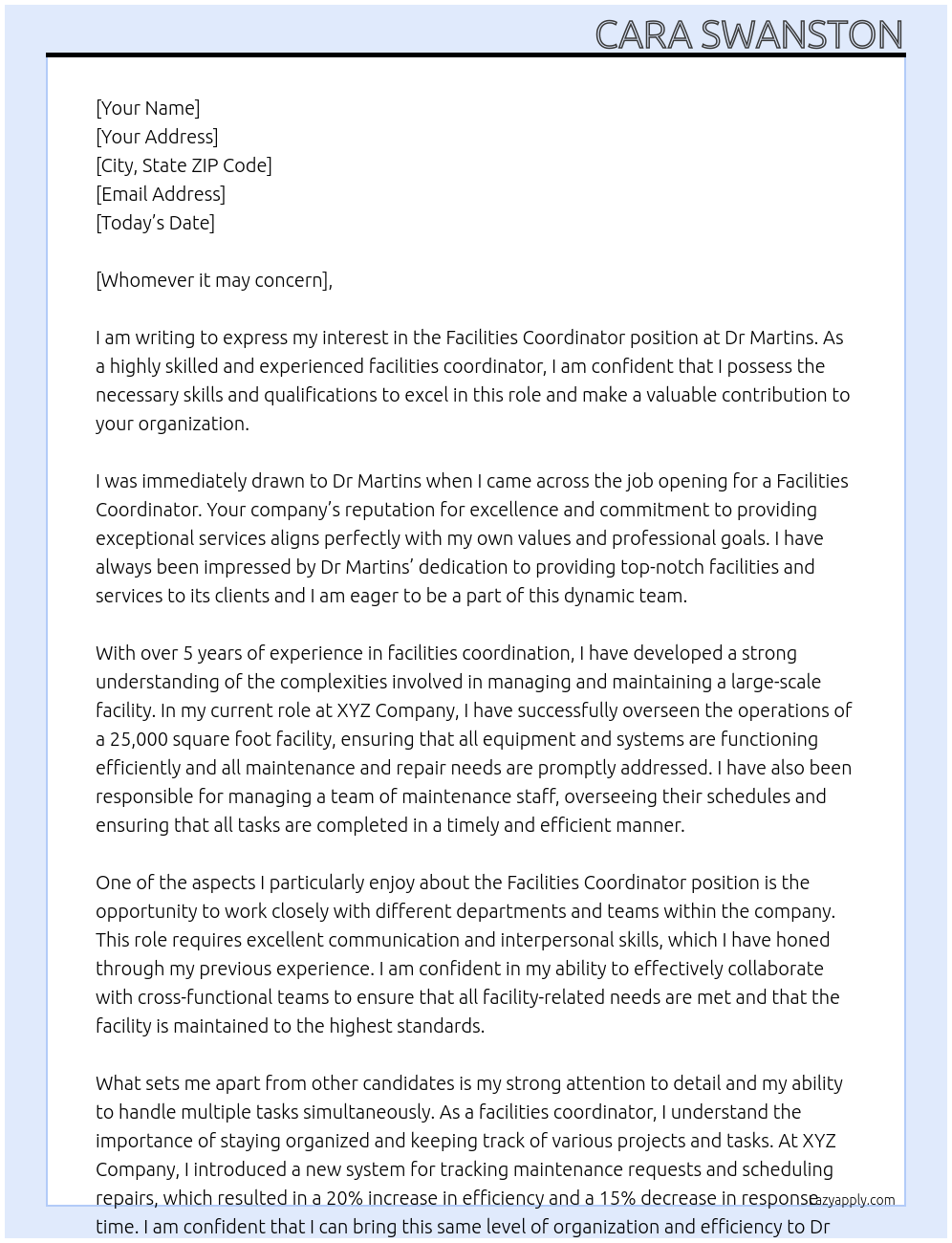 Facilities Coordinator At Dr Martins Cover Letter