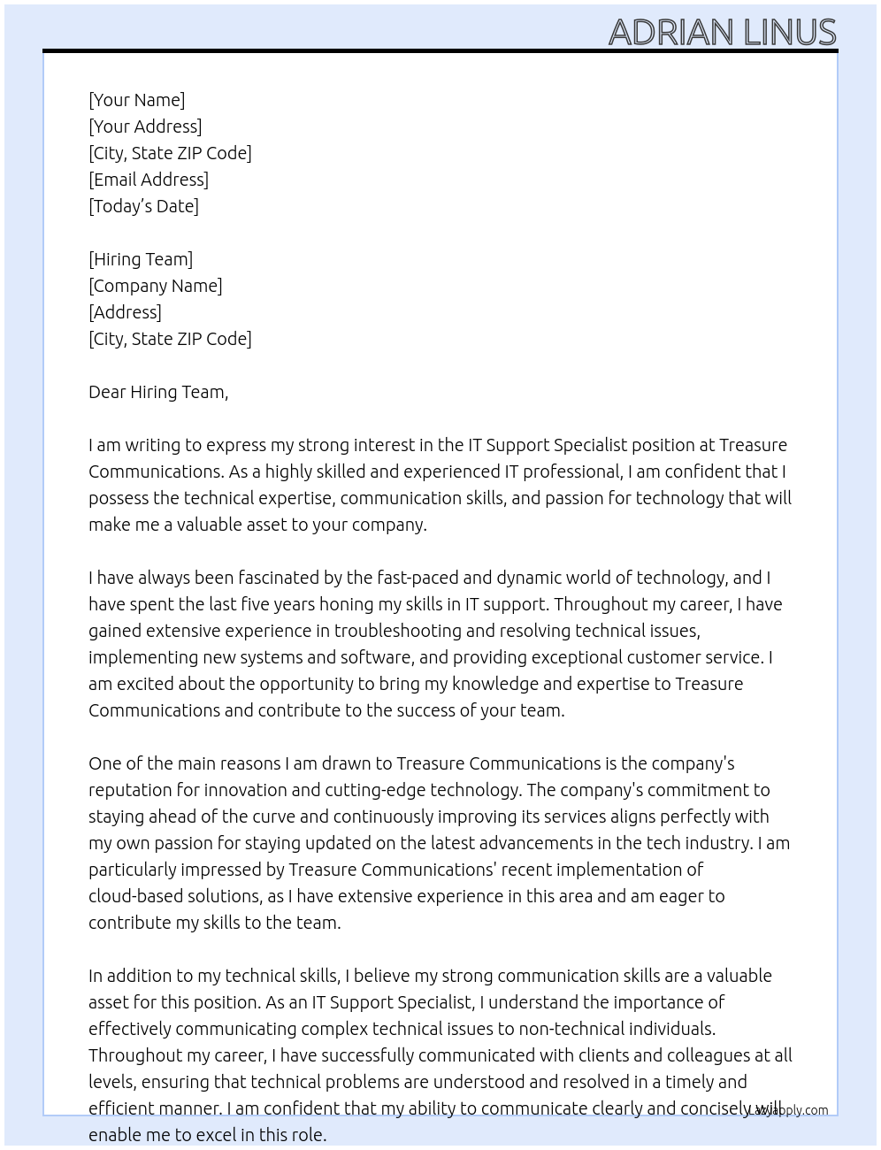 IT Support Specialist At Treasure Communications Cover Letter