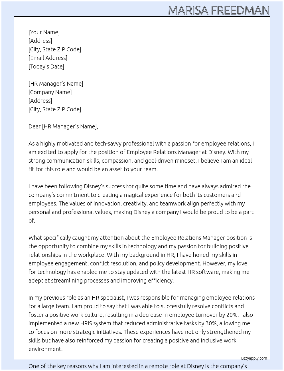 Employee relations manager At Disney Cover Letter
