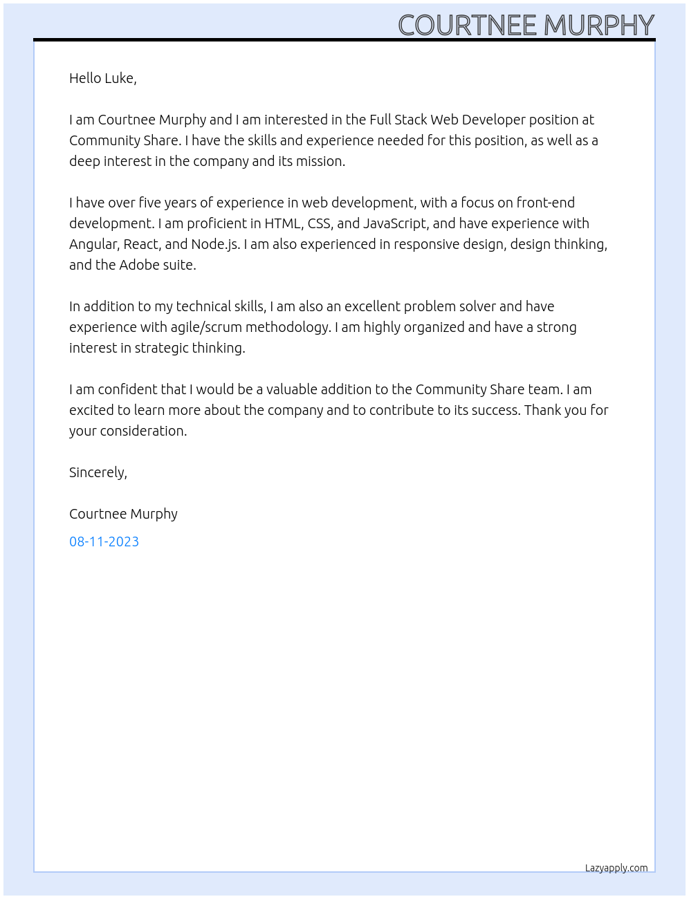 Full Stack Web Developer At Community Share Cover Letter