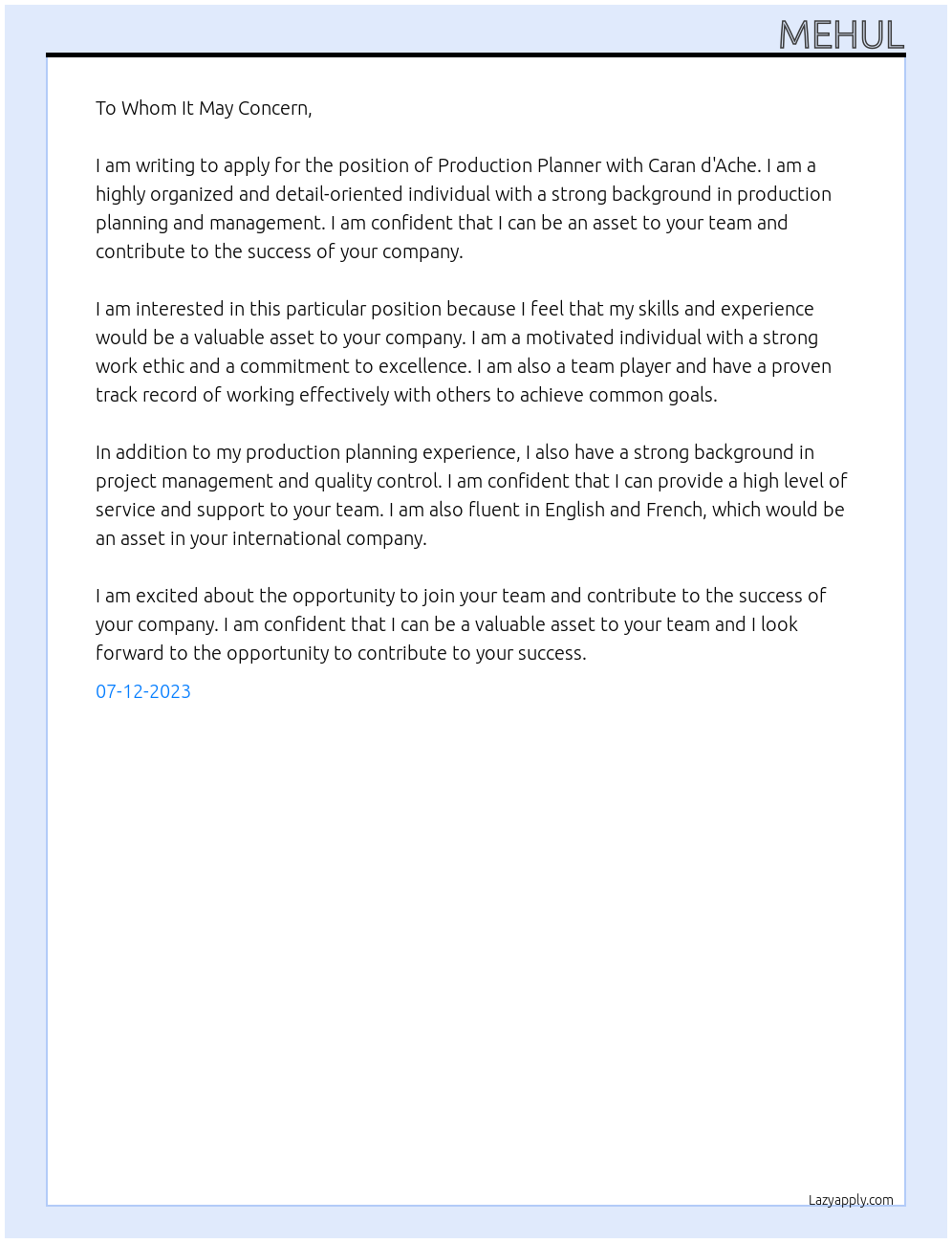 Production Planner At Caran d'Ache Cover Letter