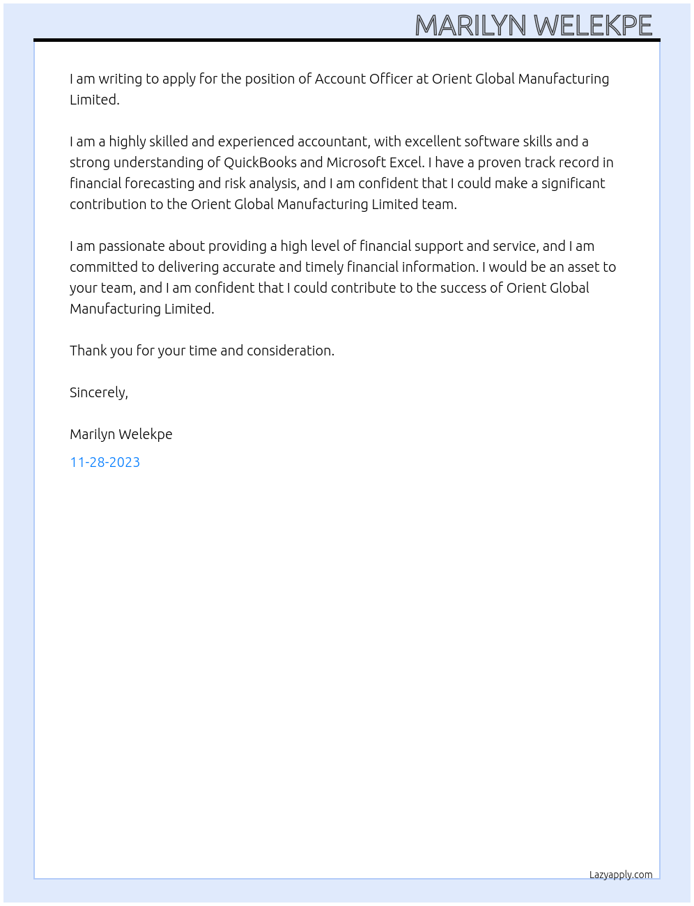 Account Officer At Orient Global Manufacturing Limited Cover Letter