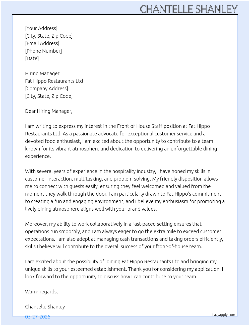 Front of House Staff At Fat Hippo Restaurants Ltd Cover Letter