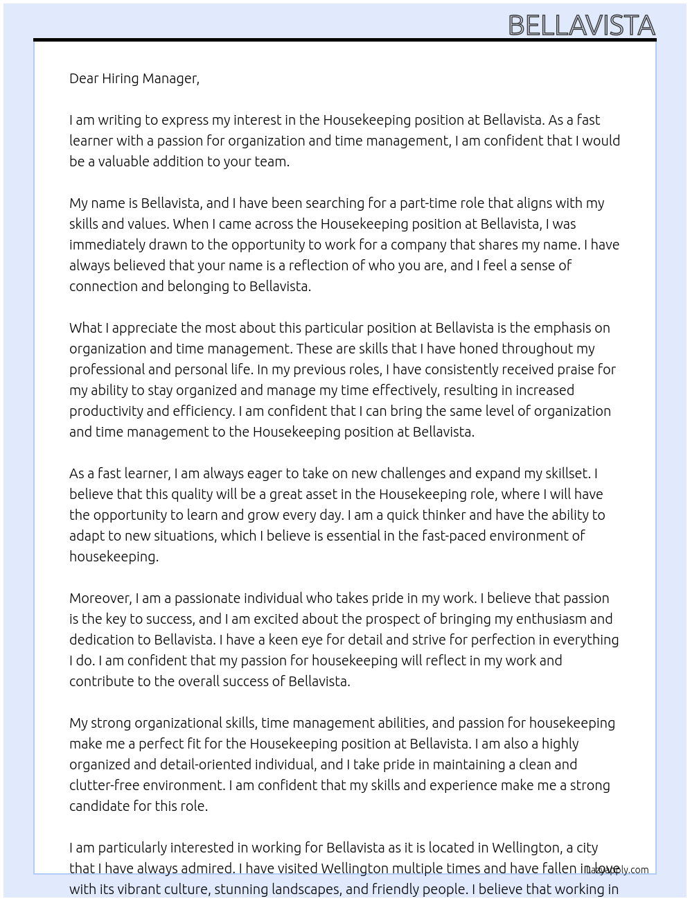 Housekeeping At Bellavista Cover Letter