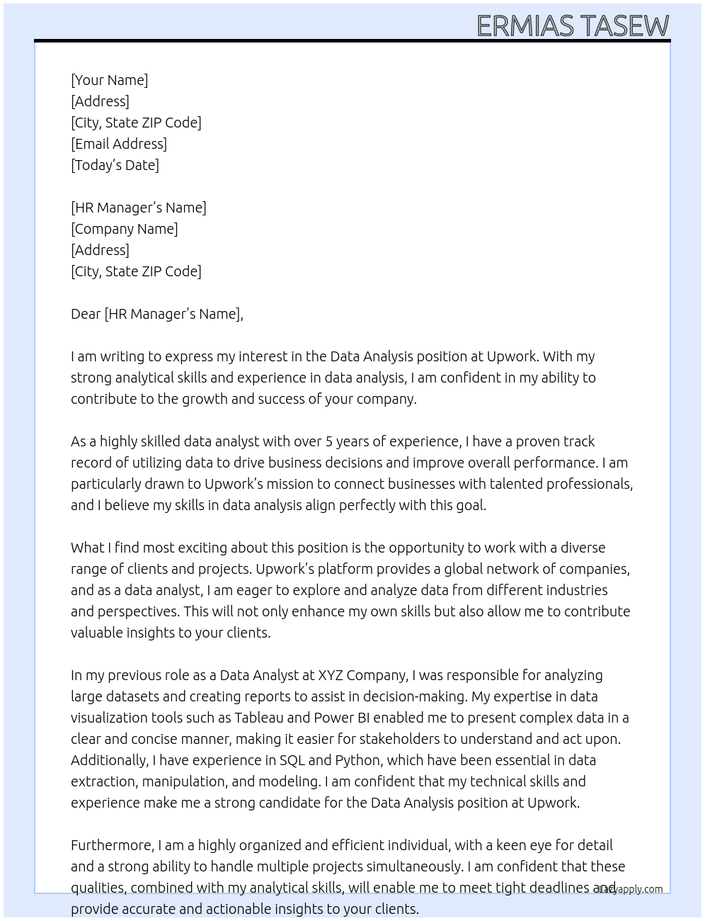 Data analysis At Up work Cover Letter