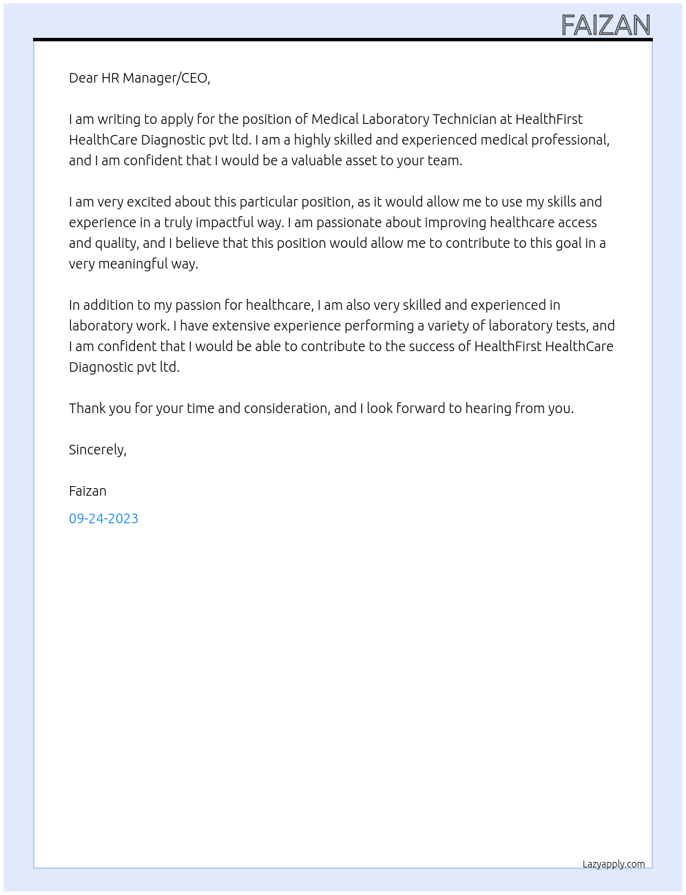 Medical Laboratory Technician At HealthFirst HealthCare Diagnostic pvt ltd Cover Letter