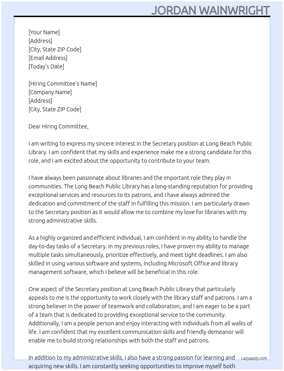 Secretary At Long Beach Public Library Cover Letter